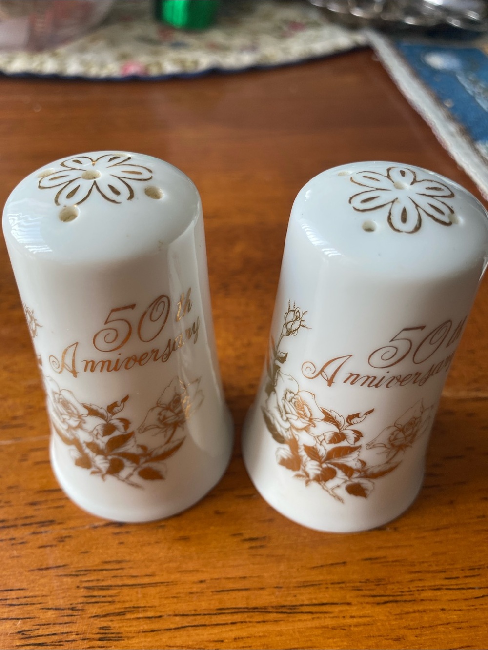50th Anniversary Porcelain Salt & Pepper Shakers - White with Gold Floral